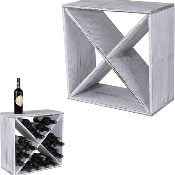 24-Bottle Wine Rack, Rustic Wooden Storage Cube, Weathered White - Picture 1 of 7